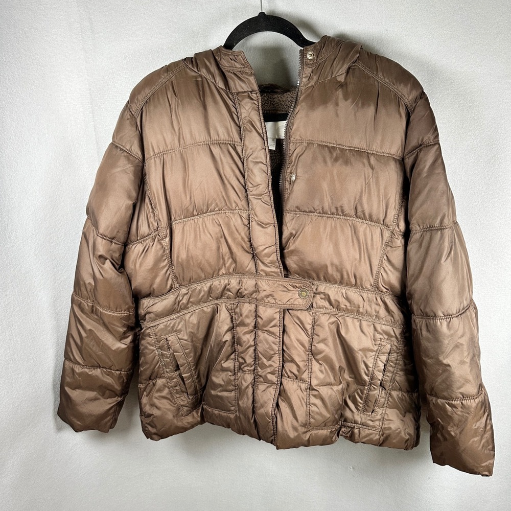 Old Navy Puffer Jacket Womens Extra Large Brown Sherpa Lined Hooded Nylon EUC